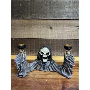 Grim Reaper Candle Holder Skeleton Head Artificial Stone 7" Long